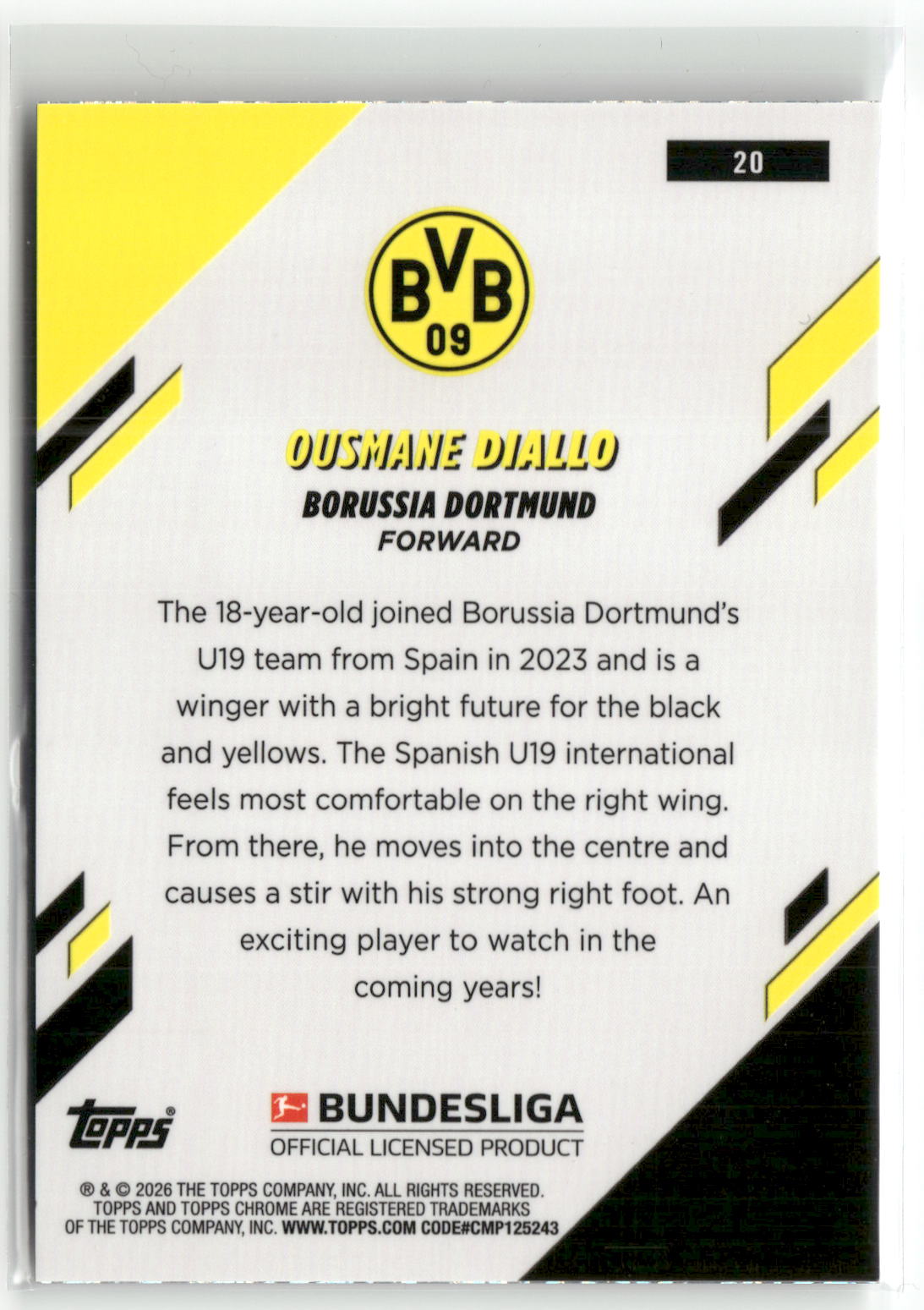 Fußball Ousmane Diallo 2025-26 Topps Chrome Bundesliga #20 White Mini Diamonds /30 Borussia Dortmund Rookie Card RC Trading Card Original