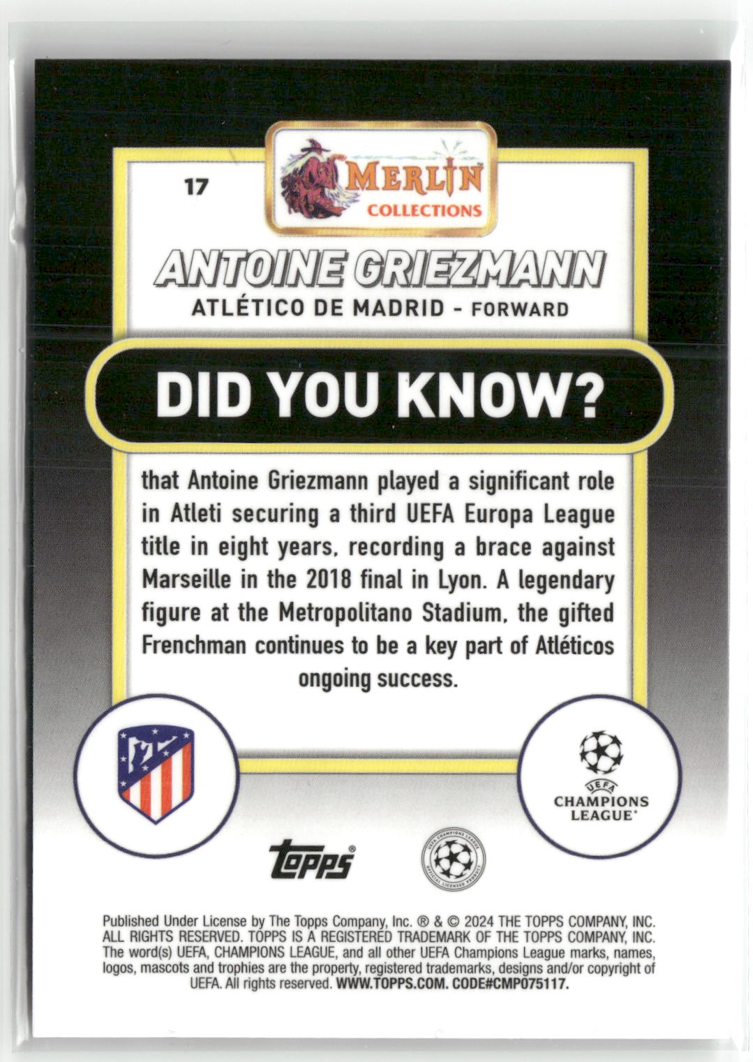 Fußball Antoine Griezmann 2024 Topps Merlin Collections UEFA Champions League #17 Cracked Ice /250 Atlético de Madrid Trading Card Original