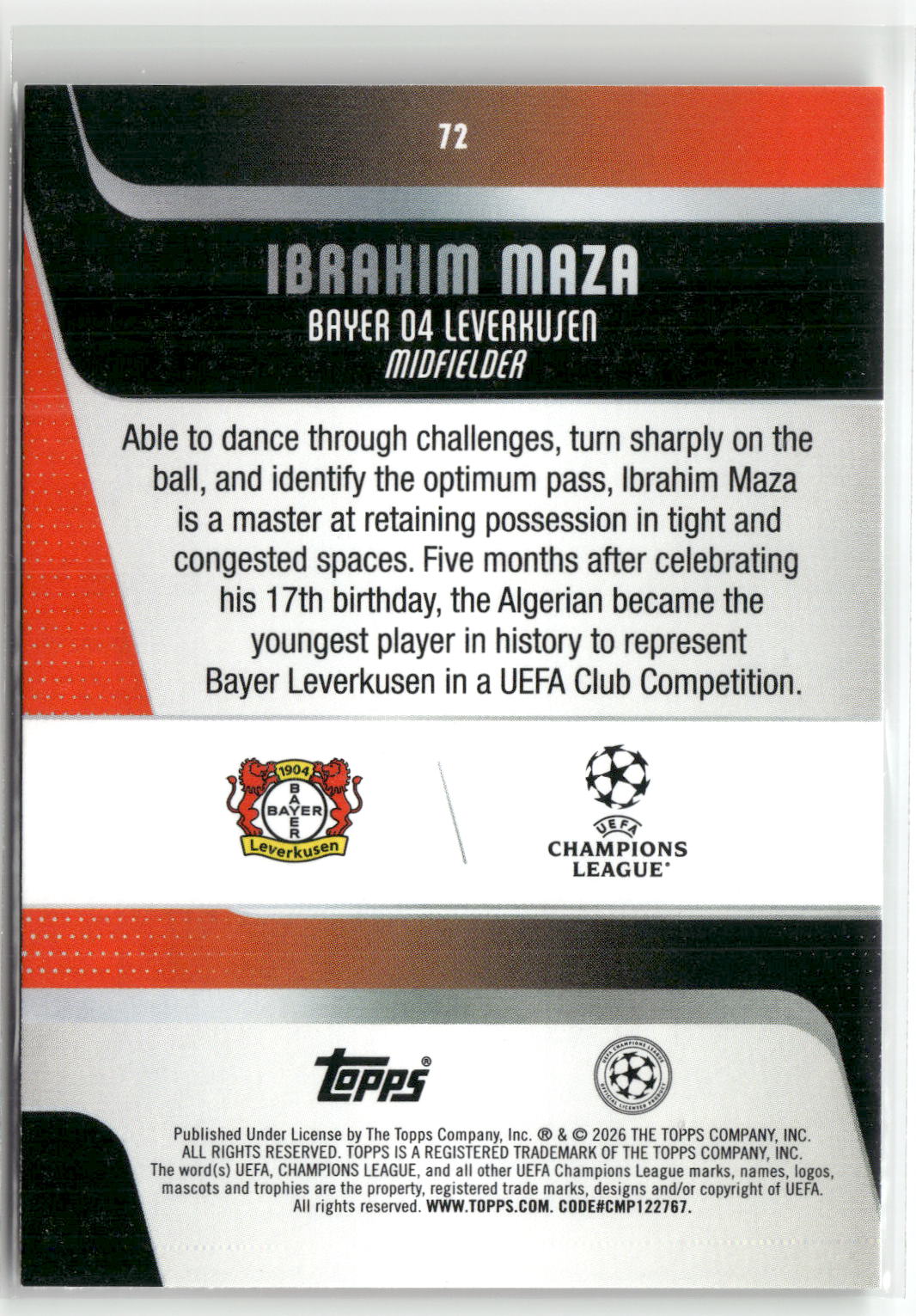 Fußball Ibrahim Maza Topps UEFA Champions League 2025-26 #72 Carnival Foil Green /99 Bayer 04 Leverkusen Trading Card Original