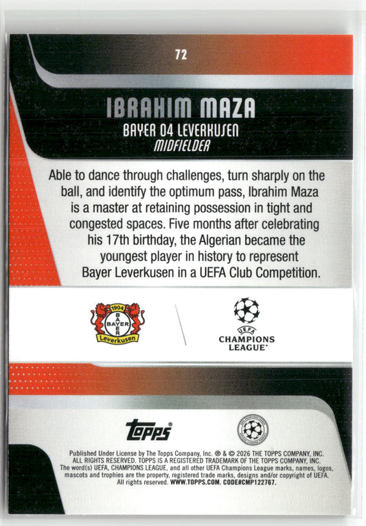Fußball Ibrahim Maza Topps UEFA Champions League 2025-26 #72 Carnival Foil Green /99 Bayer 04 Leverkusen Trading Card Original