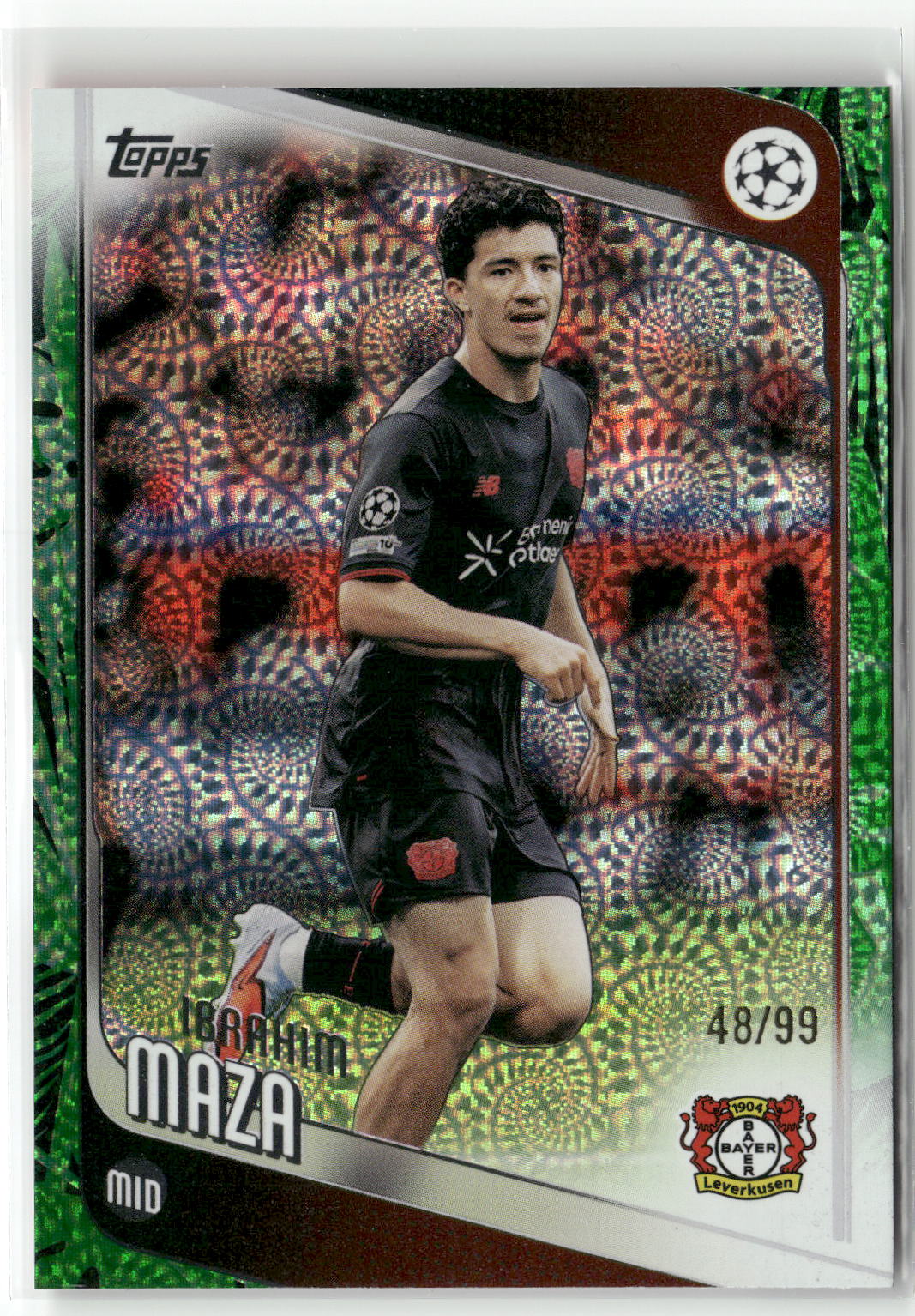 Fußball Ibrahim Maza Topps UEFA Champions League 2025-26 #72 Carnival Foil Green /99 Bayer 04 Leverkusen Trading Card Original