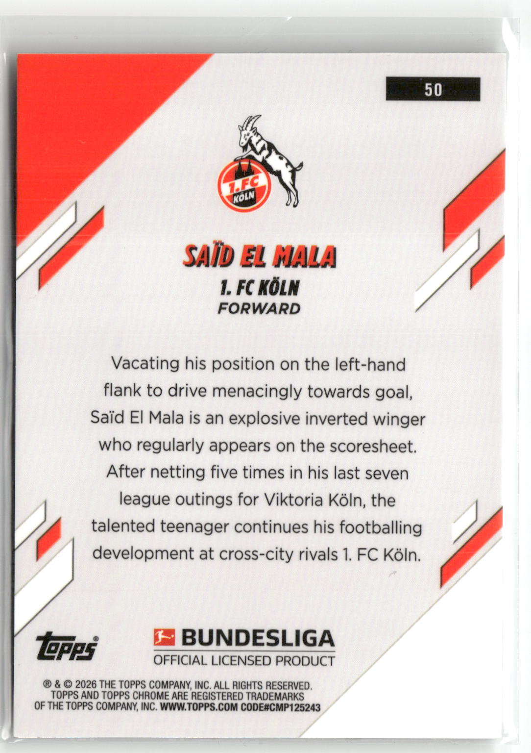 Fußball Saïd El Mala 2025-26 Topps Chrome Bundesliga #50 Rookie Pulsar 1. FC Köln Rookie Card RC Trading Card Original