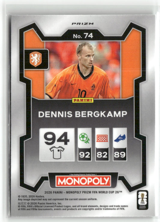 Fußball Dennis Bergkamp 2026 Panini Monopoly Prizm FIFA World Cup 26 #74 Four Corners Green Prizm Netherlands Trading Card Original