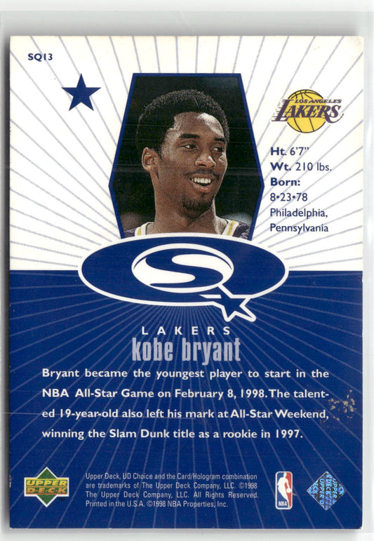 Basketball NBA Kobe Bryant 1998 UD Choice StarQuest #SQ13 Blue Los Angeles Lakers Trading Card Original