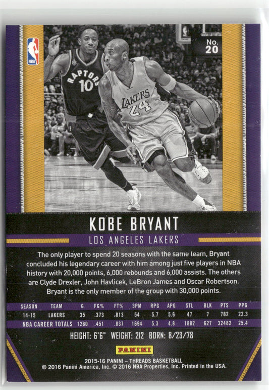 Basketball NBA Kobe Bryant 2015-16 Panini Threads Basketball #20 Los Angeles Lakers Trading Card Original