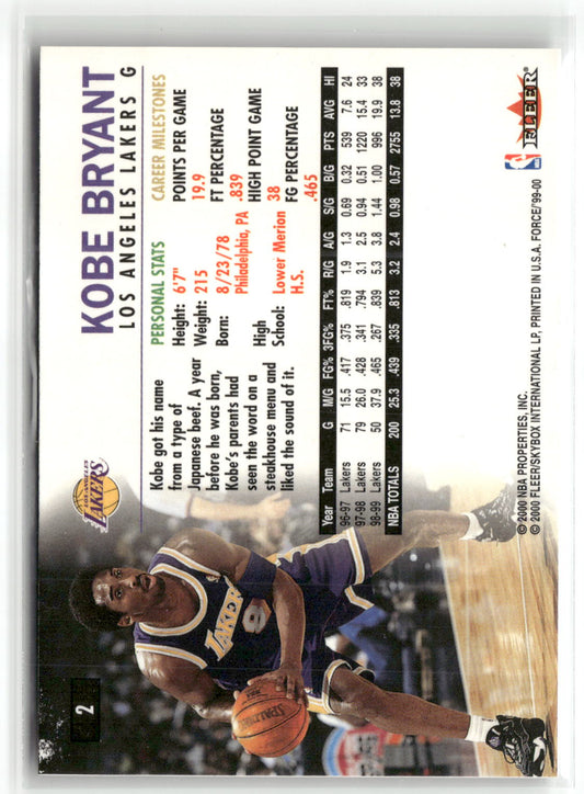 Basketball NBA Kobe Bryant 1999-00 Fleer Force #2 Los Angeles Lakers Trading Card Original