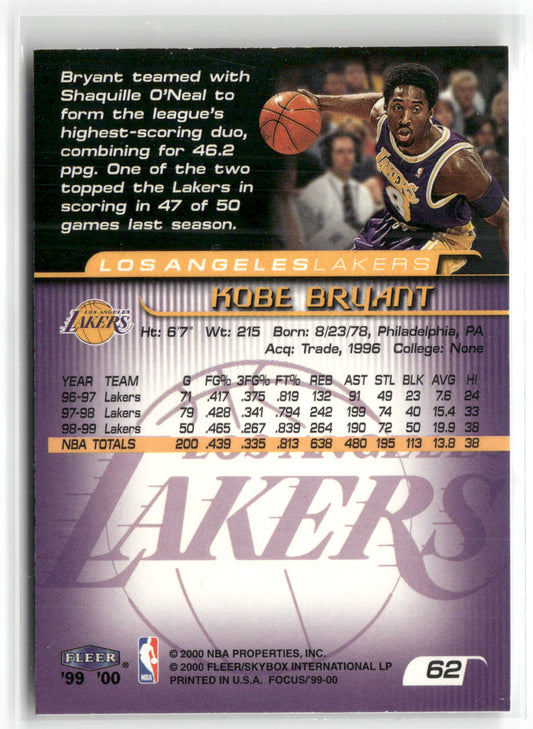 Basketball NBA Kobe Bryant 1999-00 Fleer Focus #62 Los Angeles Lakers Trading Card Original