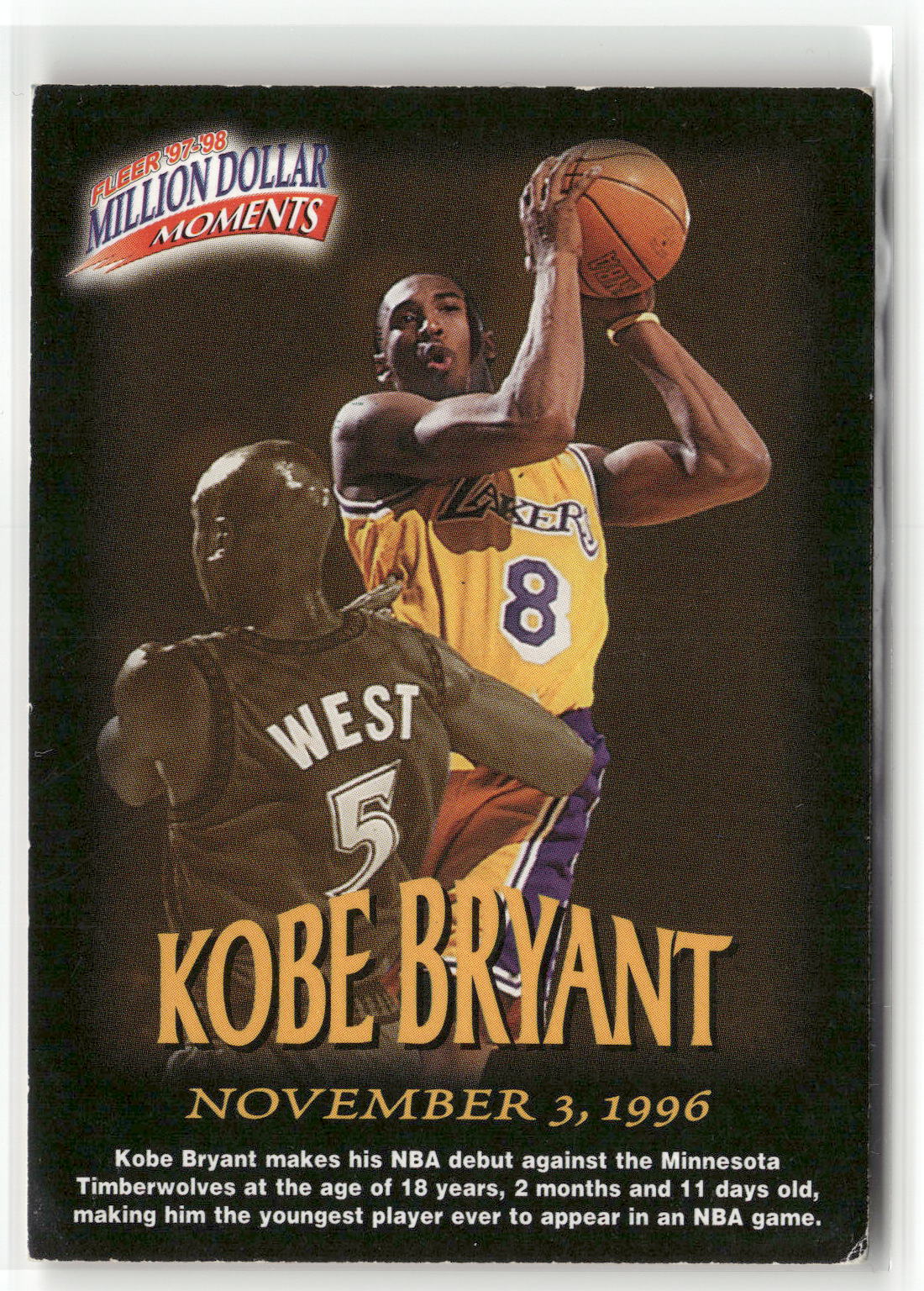 Basketball NBA Kobe Bryant Fleer 97-98 Million Dollar Moments 1997-98 #31 of 50 Los Angeles Lakers Trading Card Original