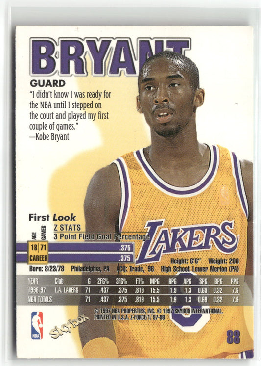 Basketball NBA Kobe Bryant 1997-98 Skybox Z-Force #88 Los Angeles Lakers Trading Card Original