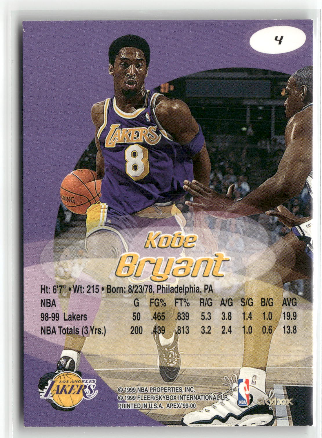 Basketball NBA Kobe Bryant 1999-00 Skybox Apex #4 Purple Color Match Los Angeles Lakers Trading Card Original