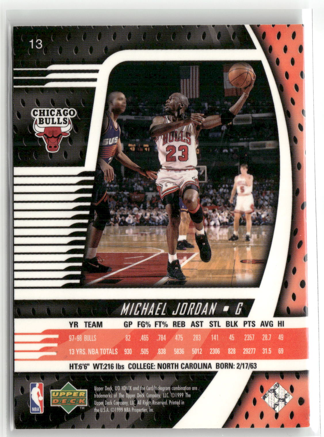Basketball NBA Michael Jordan UD Ionix 1999 #13 Chicago Bulls Trading Card Original