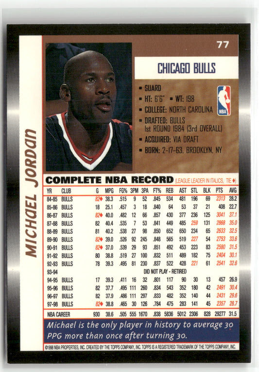 Basketball NBA Michael Jordan 1998 Topps #77 Chicago Bulls Trading Card Original