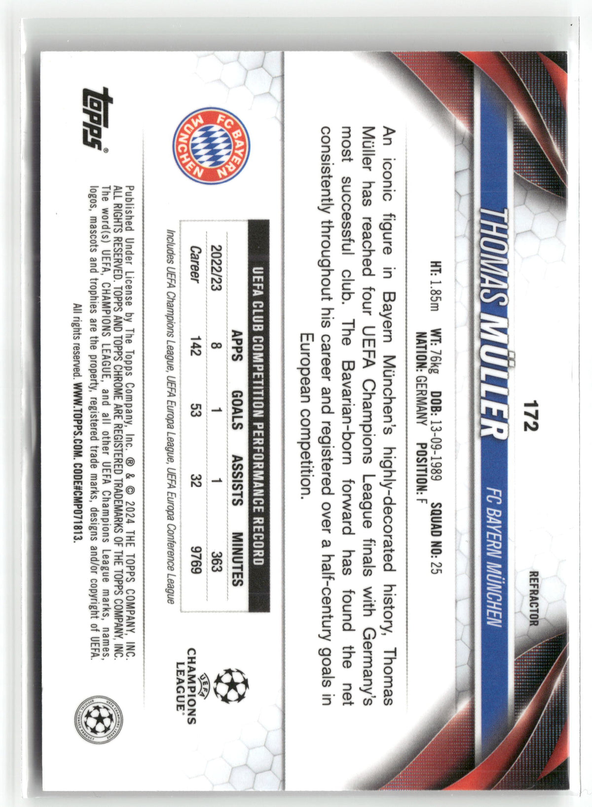 Fußball Thomas Müller 2023-24 Topps Chrome UEFA Champions League #172 Refractor FC Bayern München Trading Card Original