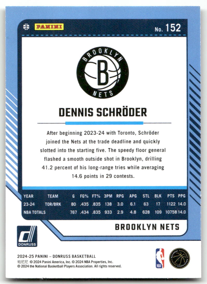 Basketball NBA Dennis Schröder 2024-25 Panini Donruss Basketball #152 Green Holo Laser Brooklyn Nets Trading Card Original