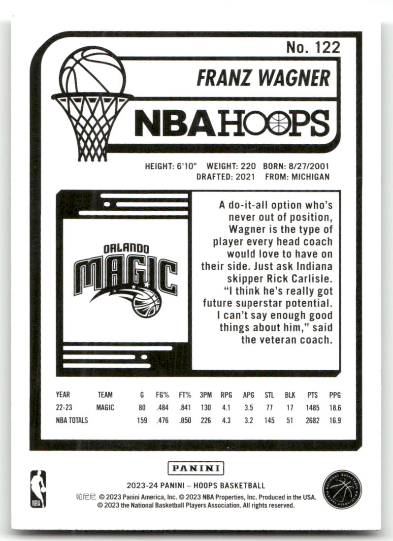 Basketball NBA Franz Wagner 2023-24 NBA Hoops #122 Orlando Magic Trading Card Original