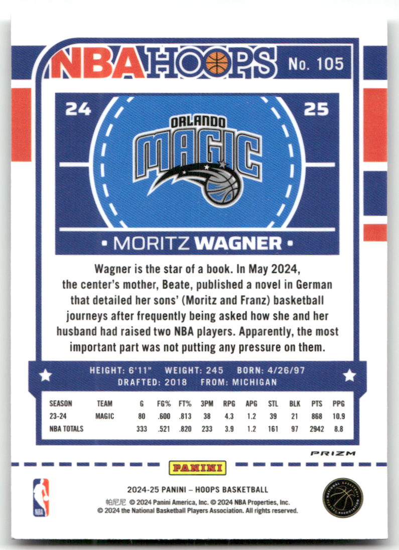 Basketball NBA Moritz Wagner 2024-25 NBA Hoops #105 Silver Prizm Orlando Magic Trading Card Original