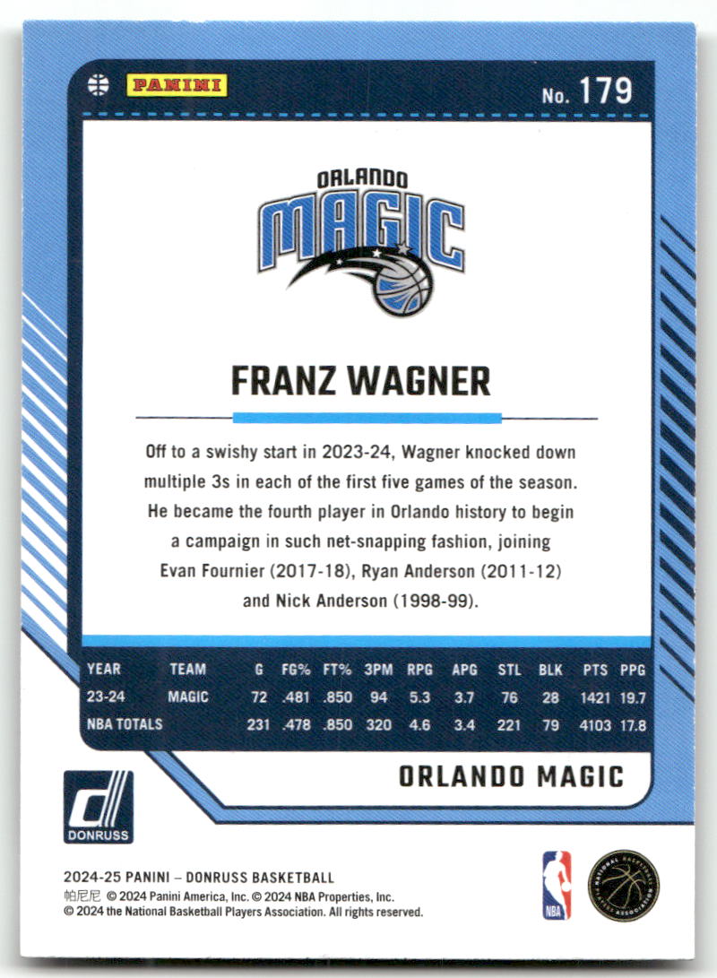 Basketball NBA Franz Wagner 2024-25 Panini Donruss Basketball #179 Green Holo Laser Orlando Magic Trading Card Original
