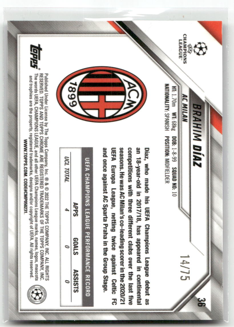 Fußball Brahim Díaz - 2021-22 Topps Chrome UEFA CL - Blue Wave /75 - AC Milan #36 Trading Card Original