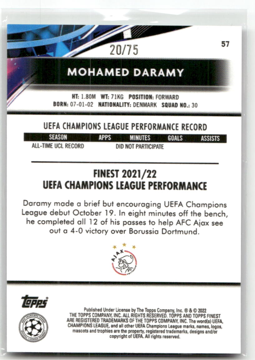 Fußball Mohamed Daramy Rookie - 2021-22 Topps Finest UEFA CL - Aqua Wave /75 - AFC Ajax #57 Trading Card Original
