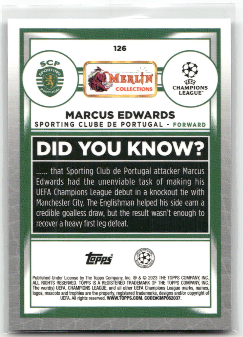 Fußball Marcus Edwards Rookie - 2022-23 Topps Merlin UEFA CL - True Blue /75 - Sporting Clube de Portugal #126 Trading Card Original