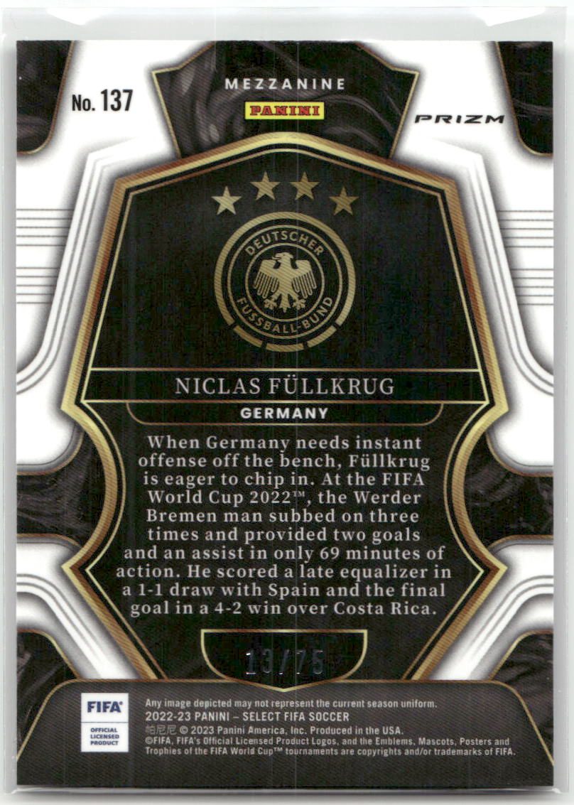 Fußball Niclas Füllkrug - 2022-23 Panini Select FIFA Soccer - Purple Mezzanine Prizm /75 - Germany #137 Trading Card Original
