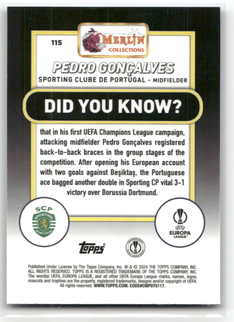 Fußball Pedro Gonçalves - 2024 Topps Merlin Collections UEFA Europa League - Blue /75 - Sporting Clube de Portugal #115 Trading Card Original