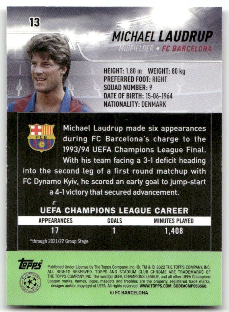 Fußball Michael Laudrup - 2022 Topps Stadium Club Chrome UEFA CL - FC Barcelona #13 Trading Card Original
