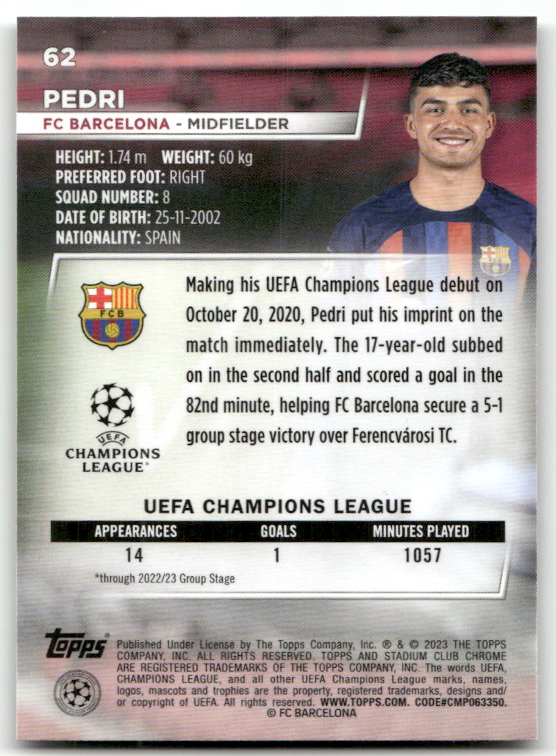 Fußball Pedri - 2022-23 Topps Stadium Club Chrome UEFA CL - FC Barcelona #62 Trading Card Original