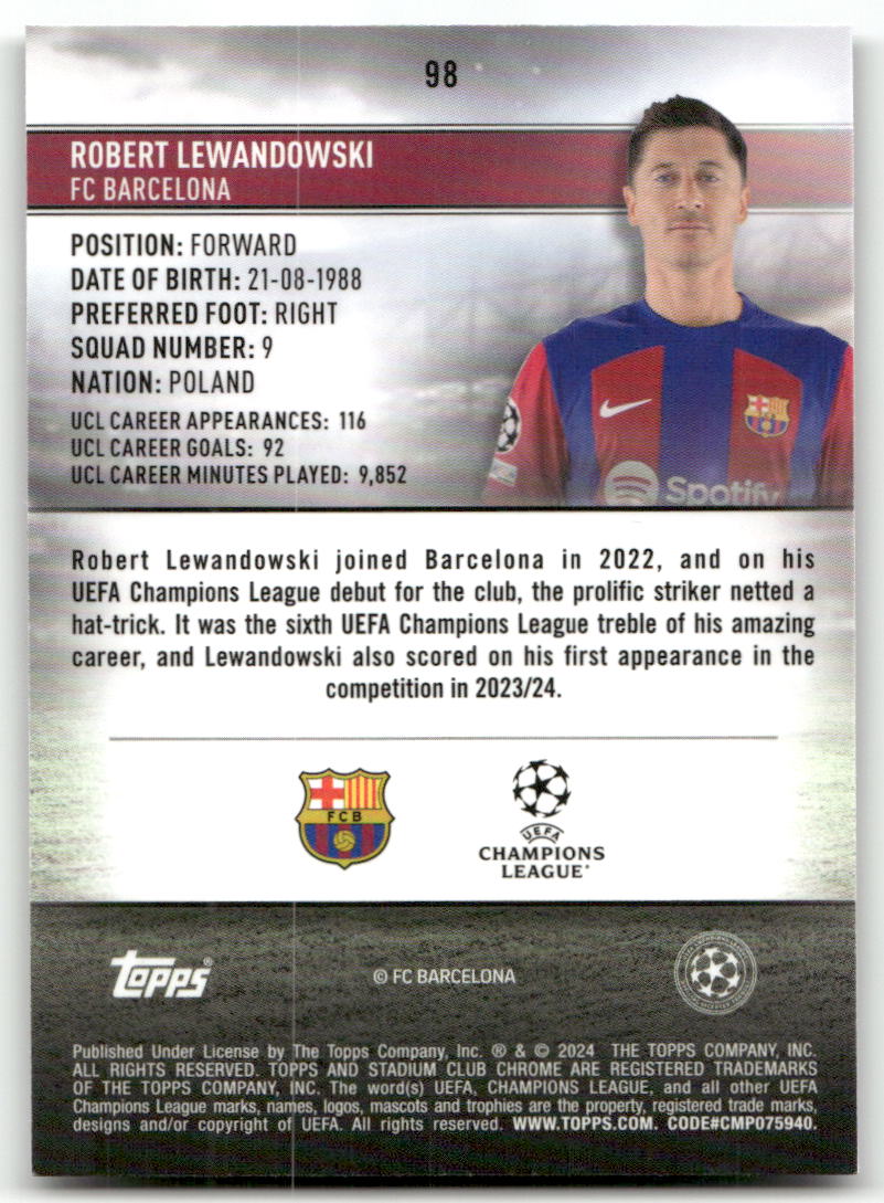 Fußball Robert Lewandowski - 2023-24 Topps Stadium Club Chrome UEFA CL - FC Barcelona #98 Trading Card Original