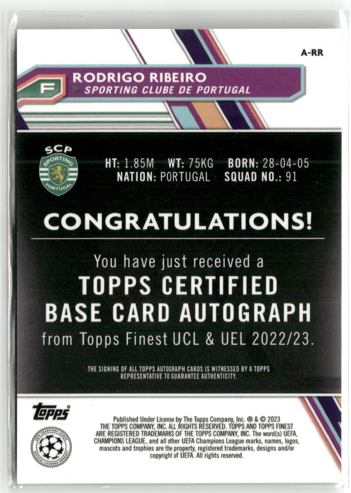 Fußball Rodrigo Ribeiro Rookie - 2022-23 Topps Finest UCL & UEL 2022/23 - Auto Rookie - Sporting Clube de Portugal #A-RR Trading Card Original