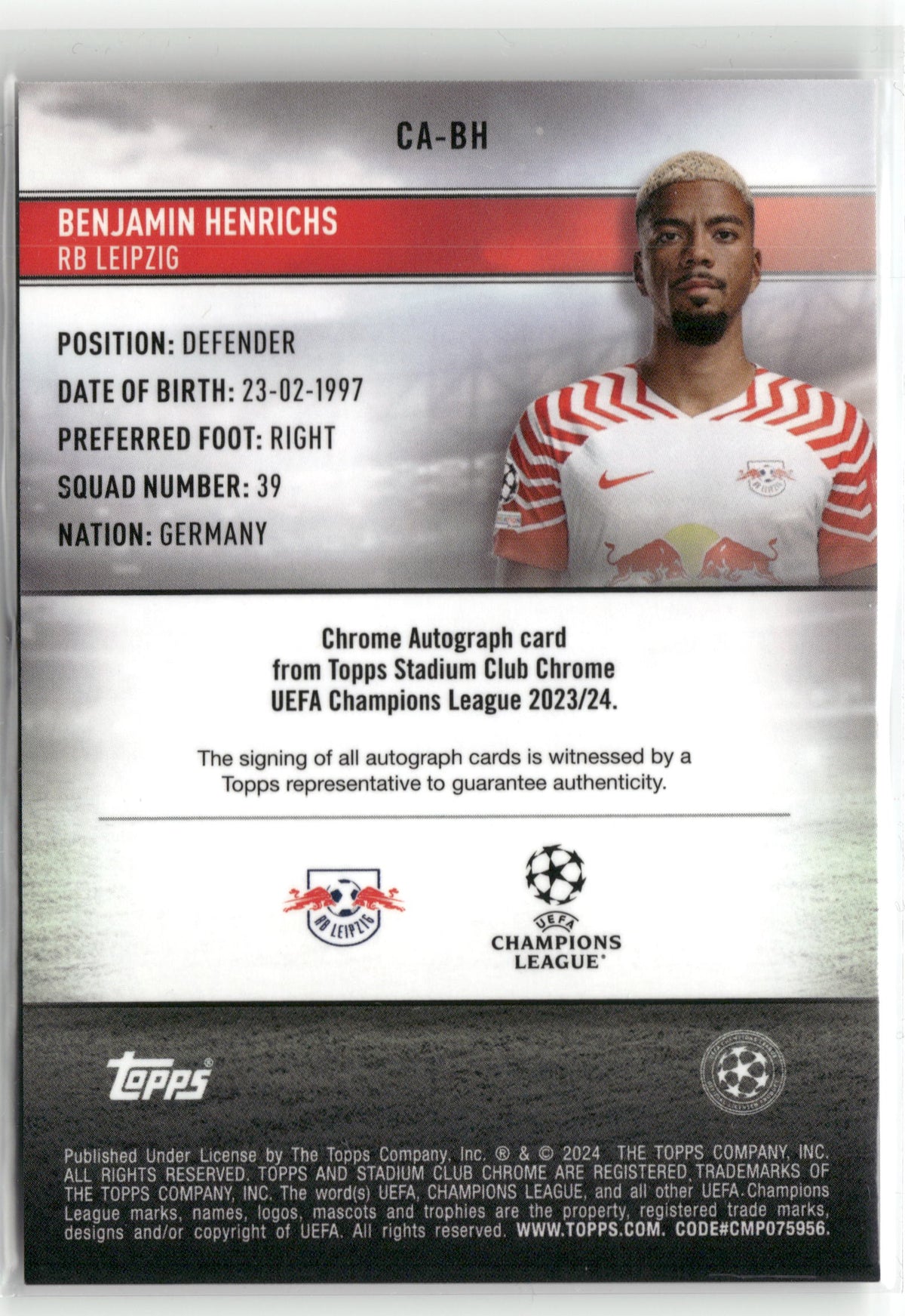 Fußball Benjamin Henrichs - 2023-24 Topps Stadium Club Chrome UEFA CL 2023/24 - Silver Auto - RB Leipzig #CA-BH Trading Card Original