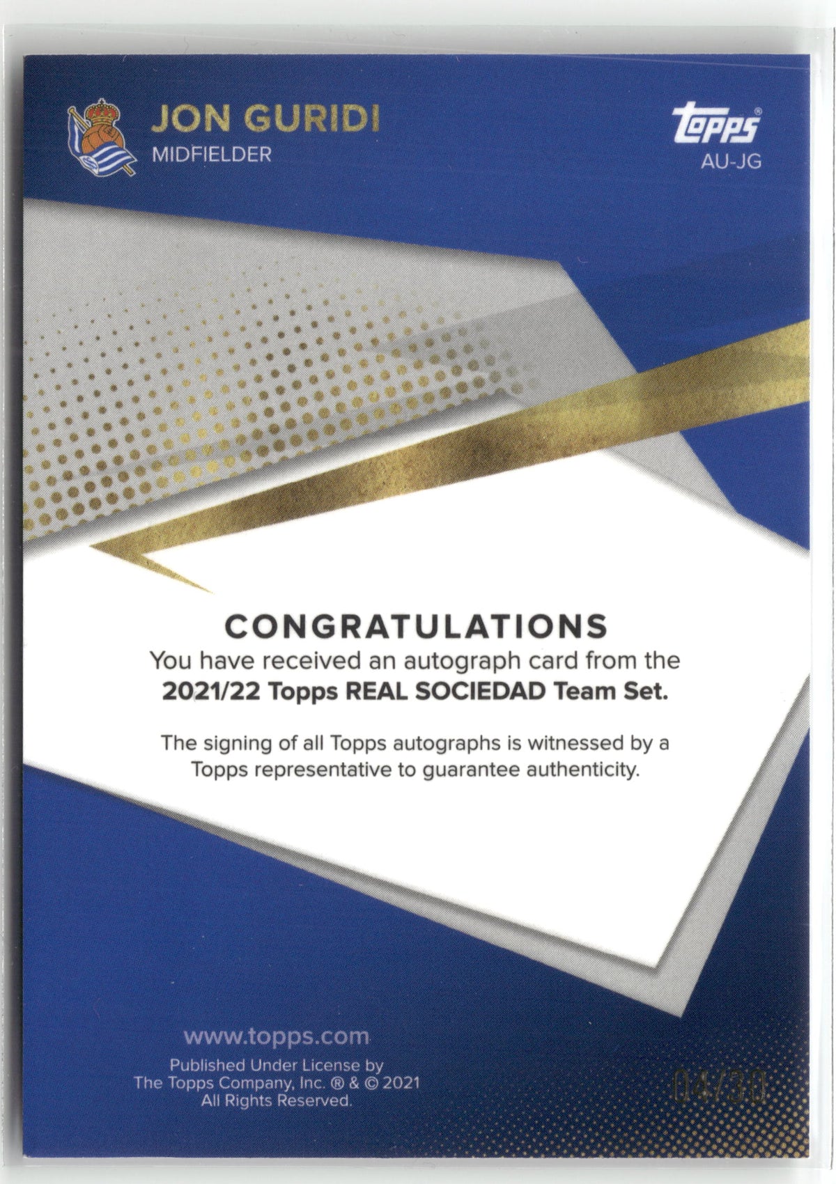 Fußball Jon Guridi - 2021-22 2021/22 Topps Real Sociedad Team Set - Auto - Real Sociedad #AU-JG Trading Card Original