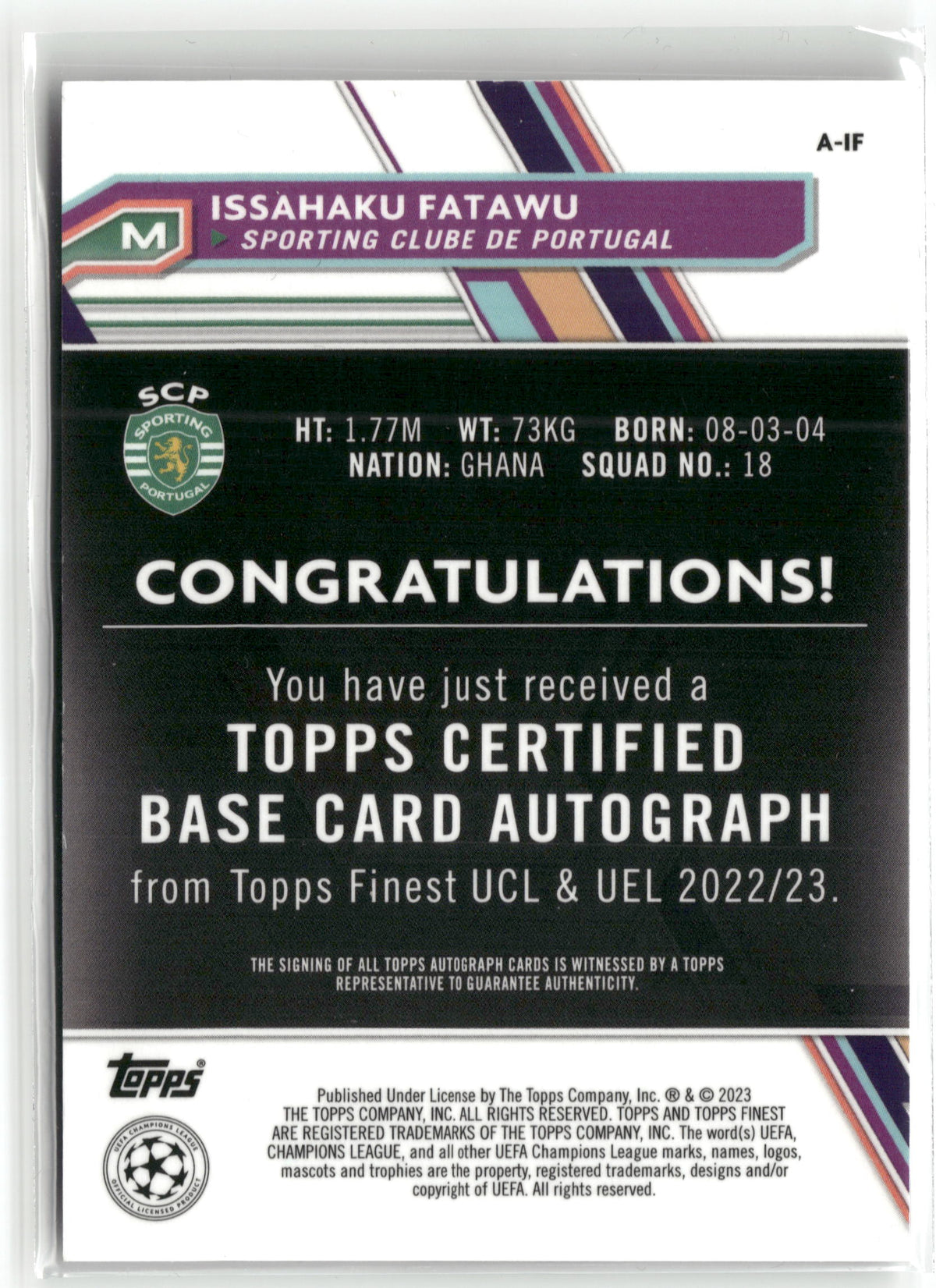 Fußball Issahaku Fatawu Rookie - 2022-23 Topps Finest UCL & UEL 2022/23 - Rookie Silver Auto - Sporting Clube de Portugal #A-IF Trading Card Original