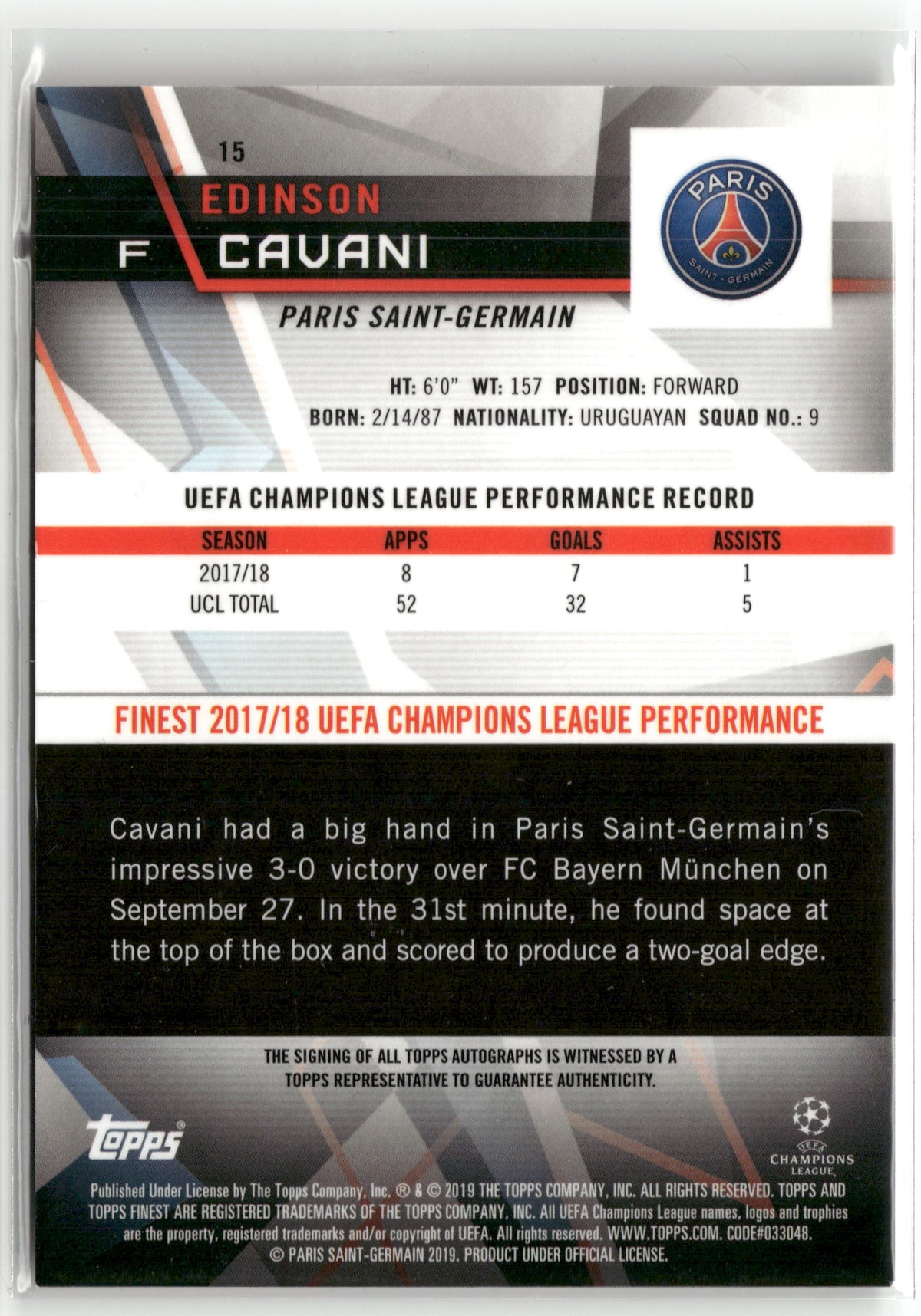 Fußball Edinson Cavani - 2018-19 Topps Finest UEFA CL - Orange Auto /25 - Paris Saint-Germain #15 Trading Card Original