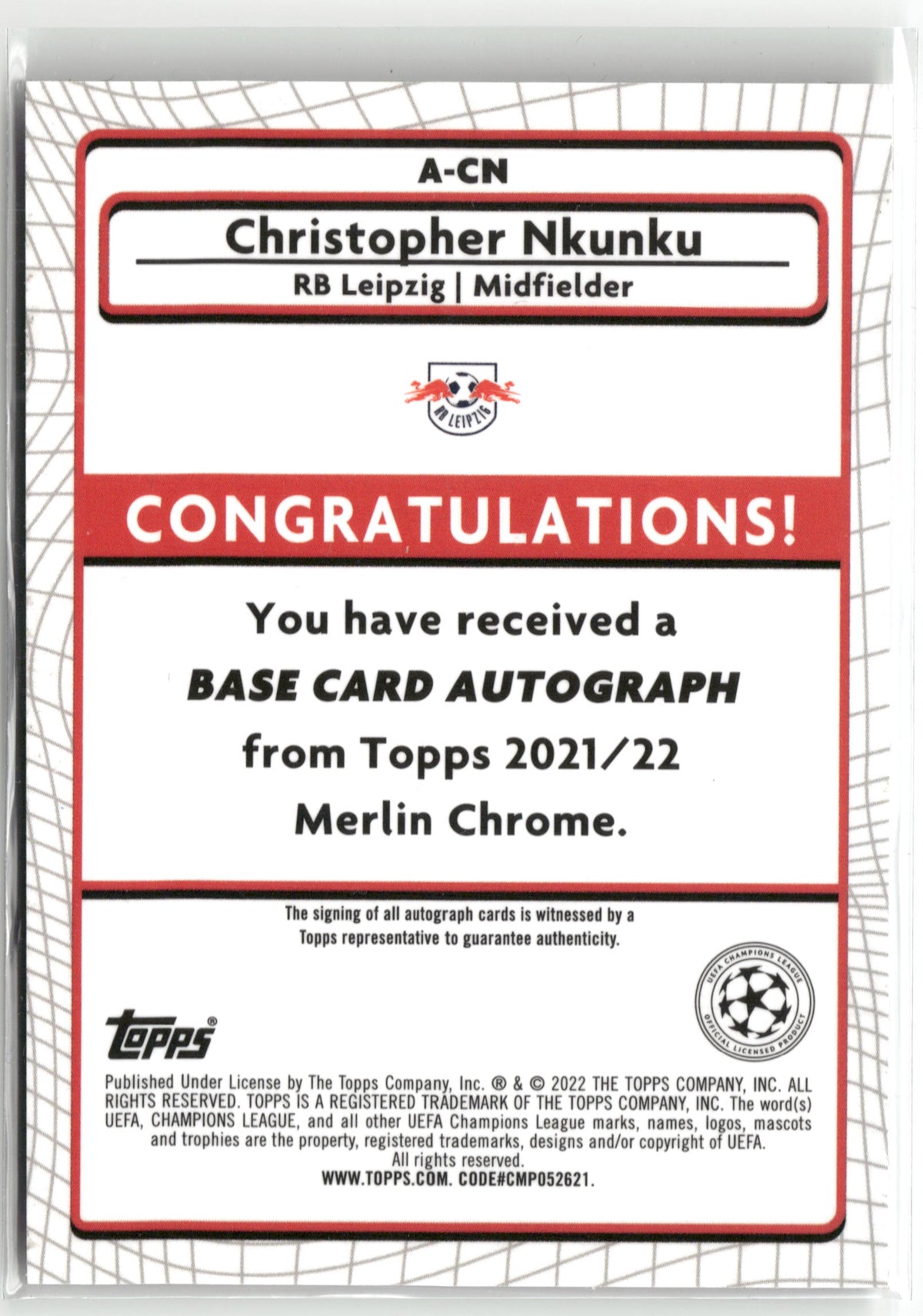 Fußball Christopher Nkunku - 2021-22 Topps Merlin Chrome UEFA CL - Silver Auto - RB Leipzig #A-CN Trading Card Original