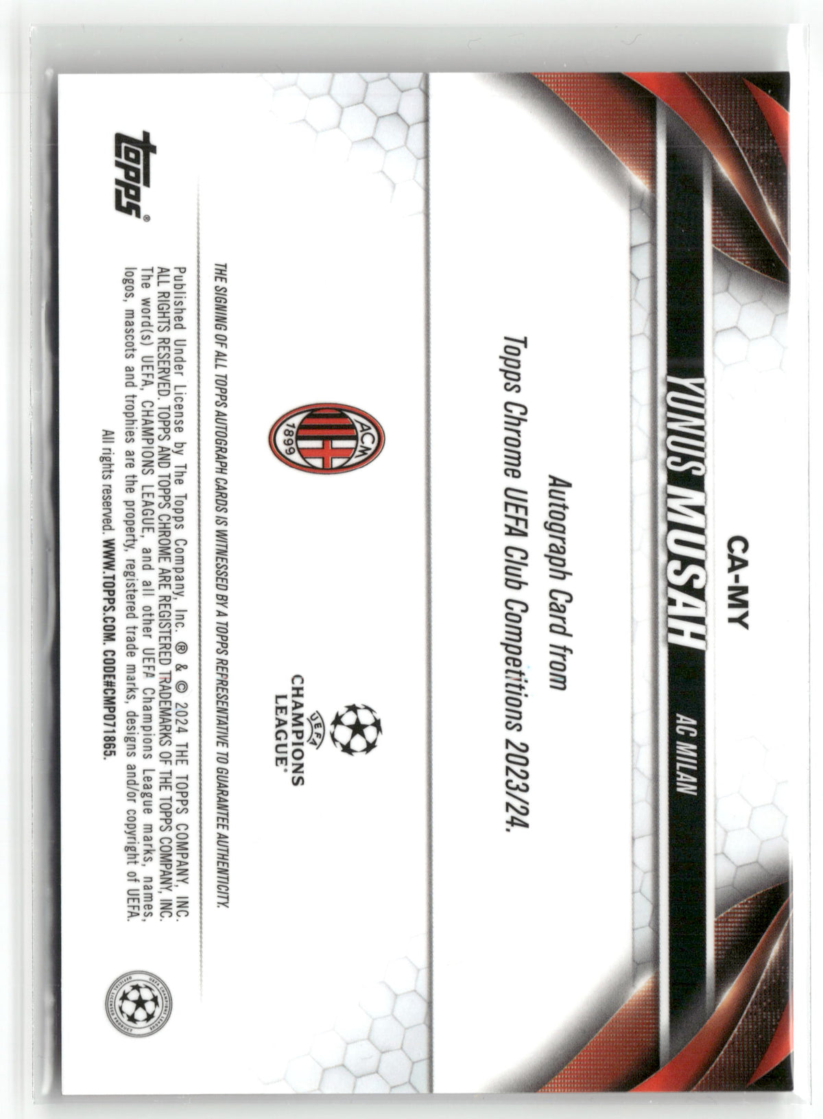 Fußball Yunus Musah - 2023-24 Topps Chrome UEFA UCC 2023/24 - Silver Auto - AC Milan #CA-MY Trading Card Original