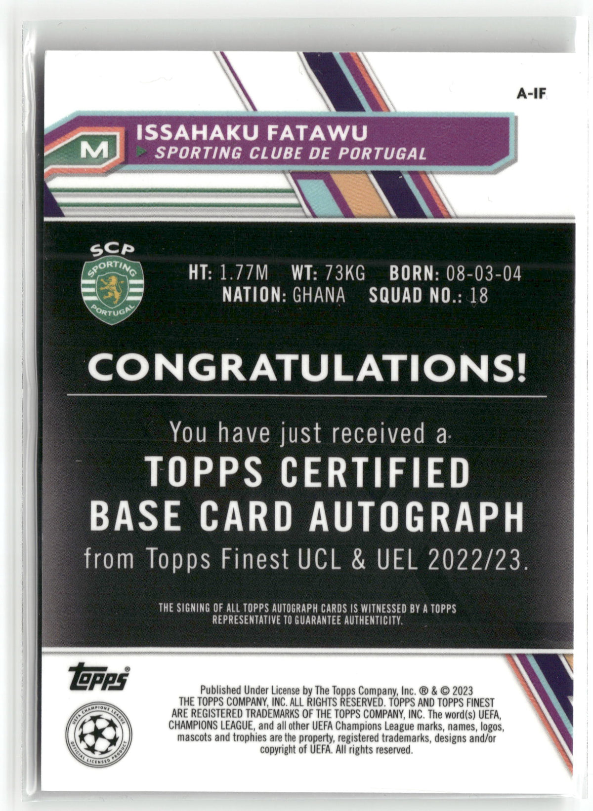 Fußball Issahaku Fatawu Rookie - 2022-23 Topps Finest UCL & UEL 2022/23 - Rookie Silver Auto - Sporting Clube de Portugal #A-IF Trading Card Original