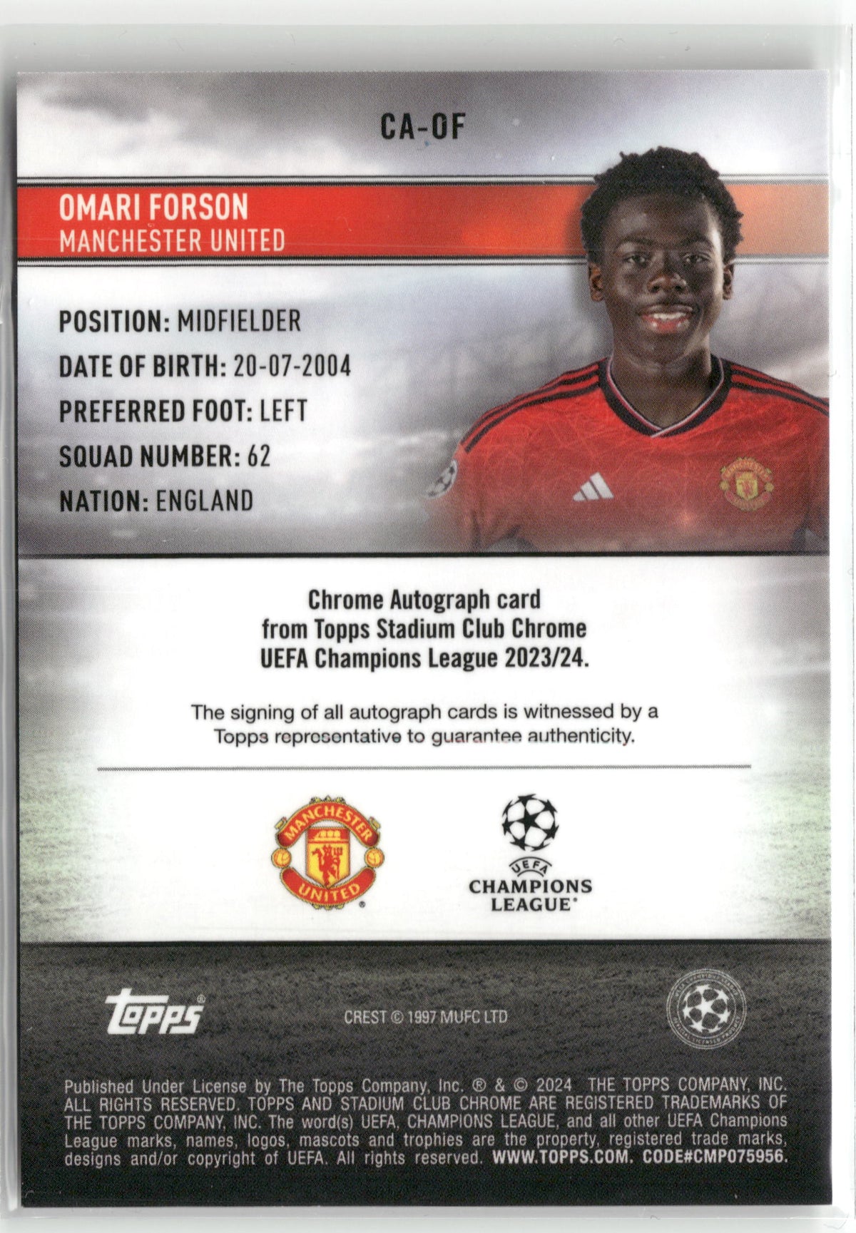 Fußball Omari Forson Rookie - 2023-24 Topps Stadium Club Chrome UEFA CL 2023/24 - Rookie Silver Auto - Manchester United #CA-OF Trading Card Original