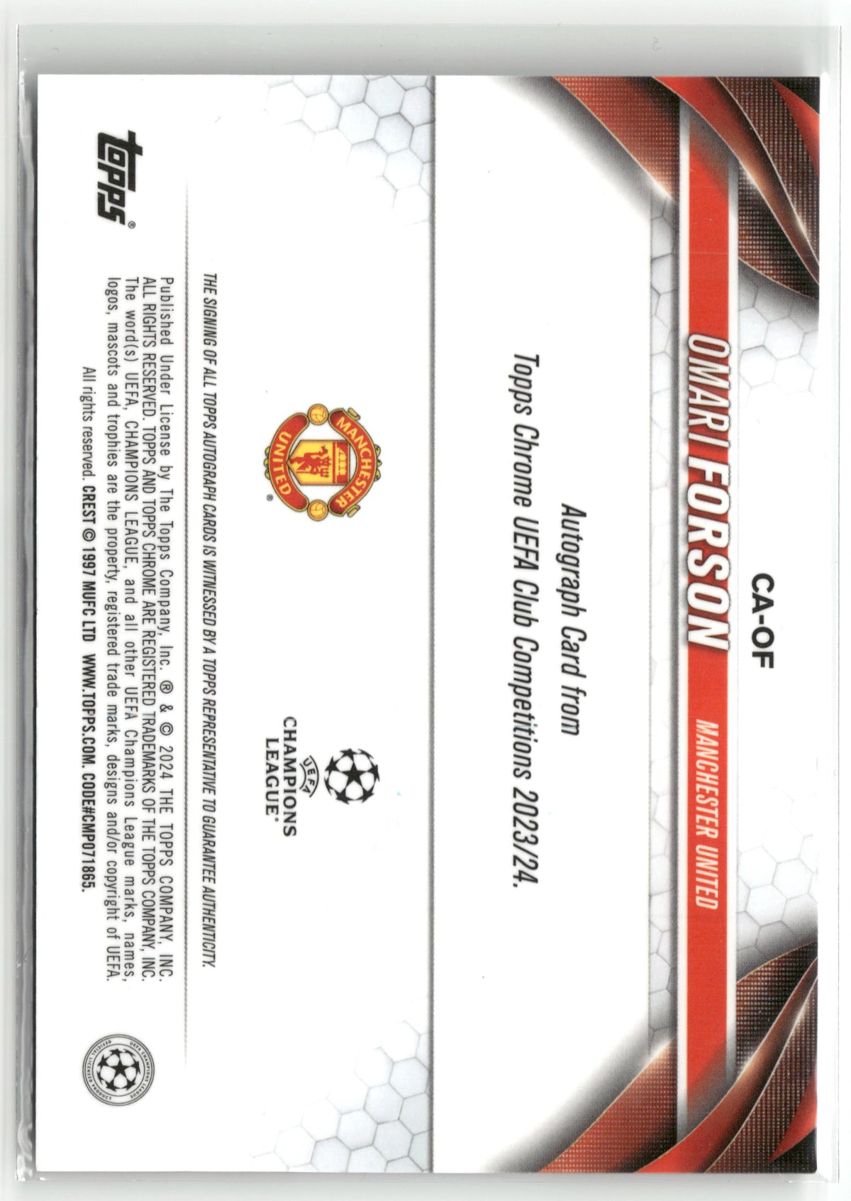 Fußball Omari Forson Rookie - 2023-24 Topps Chrome UEFA UCC - Aqua Rookie Auto /199 - Manchester United #CA-OF Trading Card Original