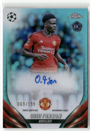 Fußball Omari Forson Rookie - 2023-24 Topps Chrome UEFA UCC - Aqua Rookie Auto /199 - Manchester United #CA-OF Trading Card Original