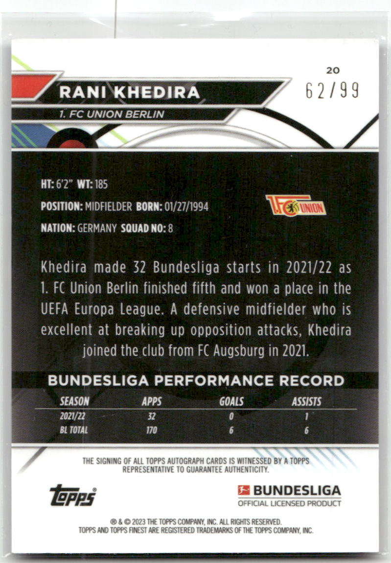 Fußball Rani Khedira - 2022-23 Topps Finest Bundesliga - True Purple /99 Auto - 1. FC Union Berlin #20 Trading Card Original