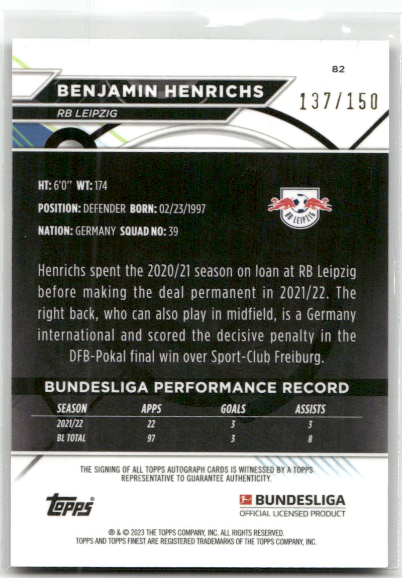 Fußball Benjamin Henrichs - 2022-23 Topps Finest Bundesliga - Black Auto /150 - RB Leipzig #82 Trading Card Original