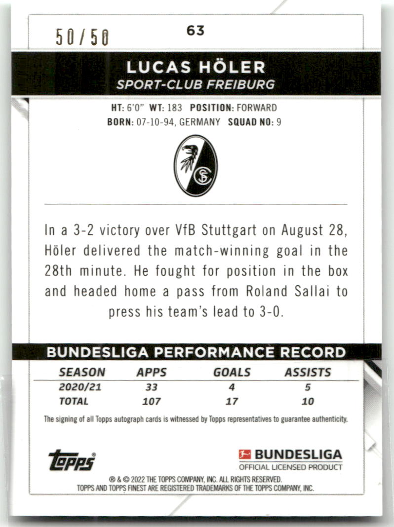 Fußball Lucas Höler - 2021-22 Topps Finest Bundesliga - Green Wave 50/50 LOTL - Sport-Club Freiburg #63 Trading Card Original
