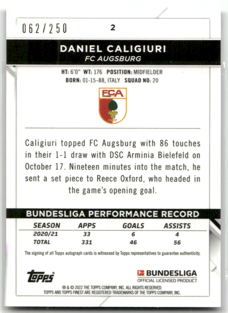 Fußball Daniel Caligiuri - 2022 Topps Finest Bundesliga - Black Auto /250 - FC Augsburg #2 Trading Card Original