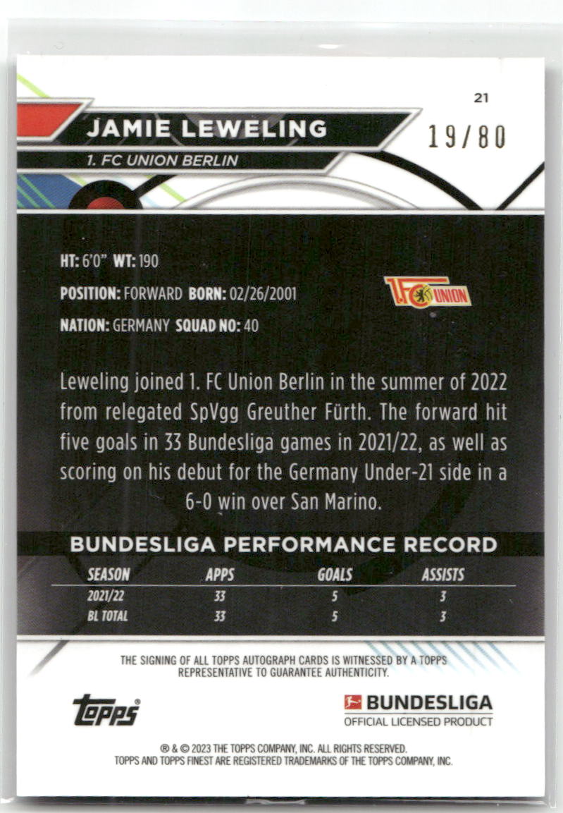 Fußball Jamie Leweling - 2022-23 Topps Finest Bundesliga - Purple Wave Auto /80 - 1. FC Union Berlin #21 Trading Card Original