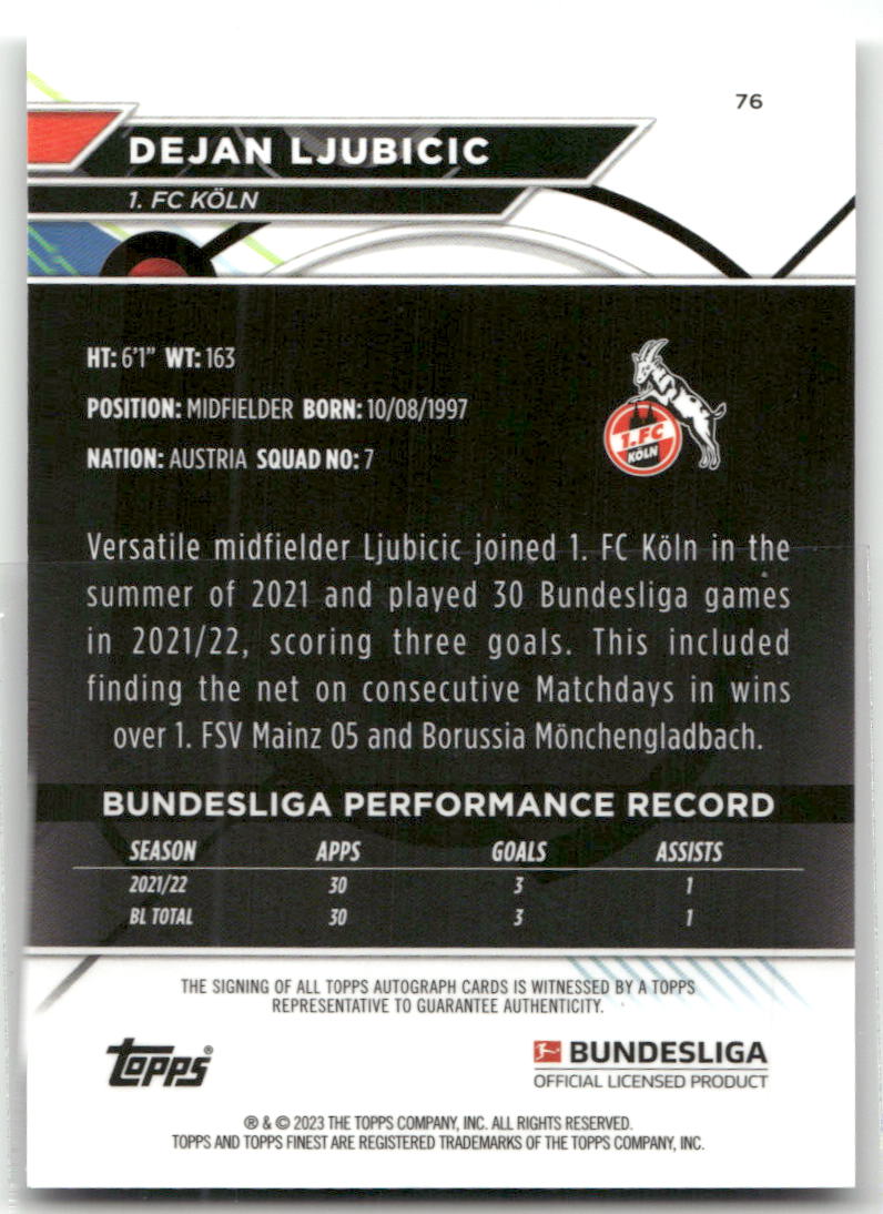 Fußball Dejan Ljubicic - 2022-23 Topps Finest Bundesliga - Silver Wave Auto - 1. FC Köln #76 Trading Card Original
