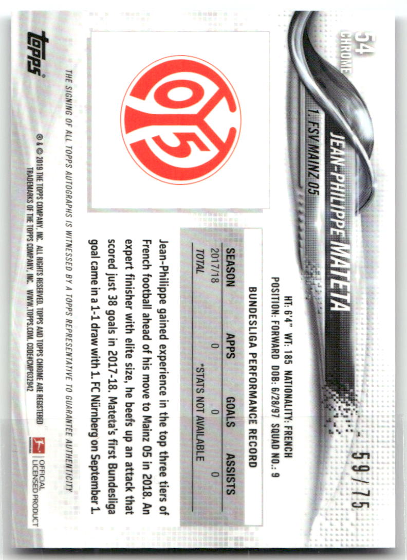 Fußball Jean-Philippe Mateta - 2019-20 Topps Chrome Bundesliga - Blue Wave Auto /75 - 1. FSV Mainz 05 #54 Trading Card Original