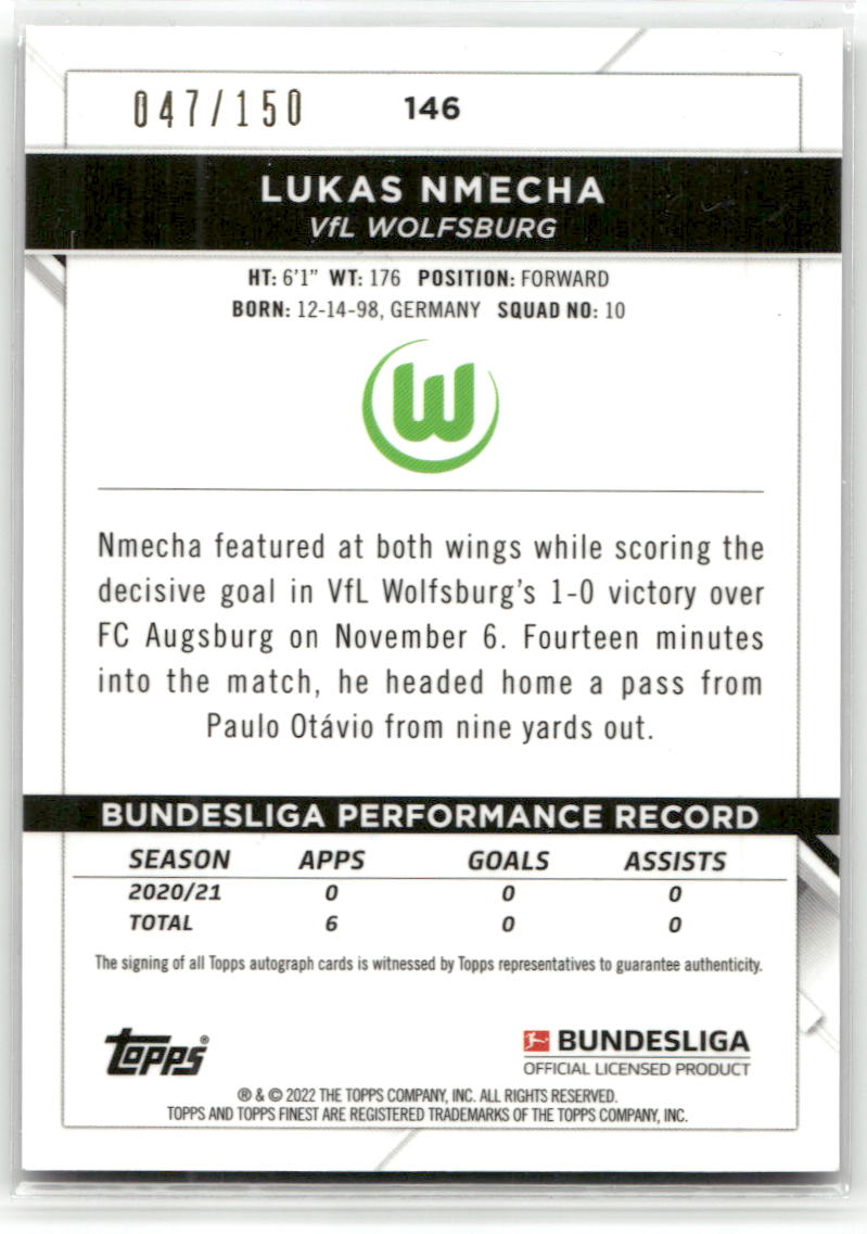 Fußball Lukas Nmecha - 2021-22 Topps Finest Bundesliga - True Black Auto /150 - VfL Wolfsburg #146 Trading Card Original