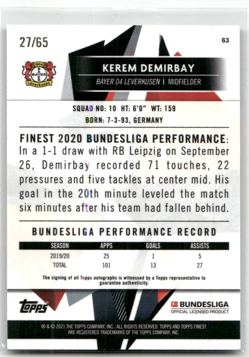 Fußball Kerem Demirbay - 2020-21 Topps Finest Bundesliga - Blue Wave Auto /65 - Bayer 04 Leverkusen #63 Trading Card Original