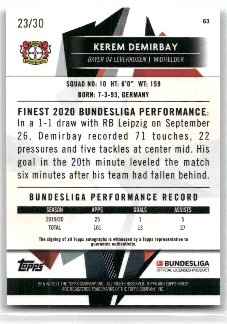 Fußball Kerem Demirbay - 2021 Topps Finest Bundesliga - Green Wave Auto /30 - Bayer 04 Leverkusen #63 Trading Card Original
